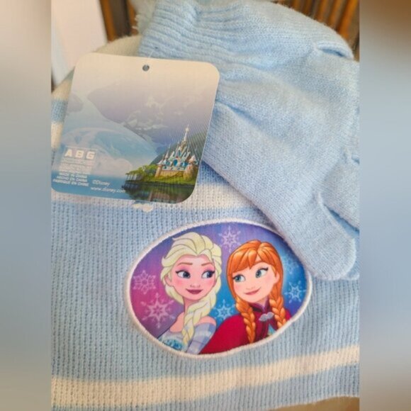 DISNEY Girls Frozen Elsa Blue Striped Pom Pom Knit Warm Winter Hat and Glove Set - Picture 5 of 5